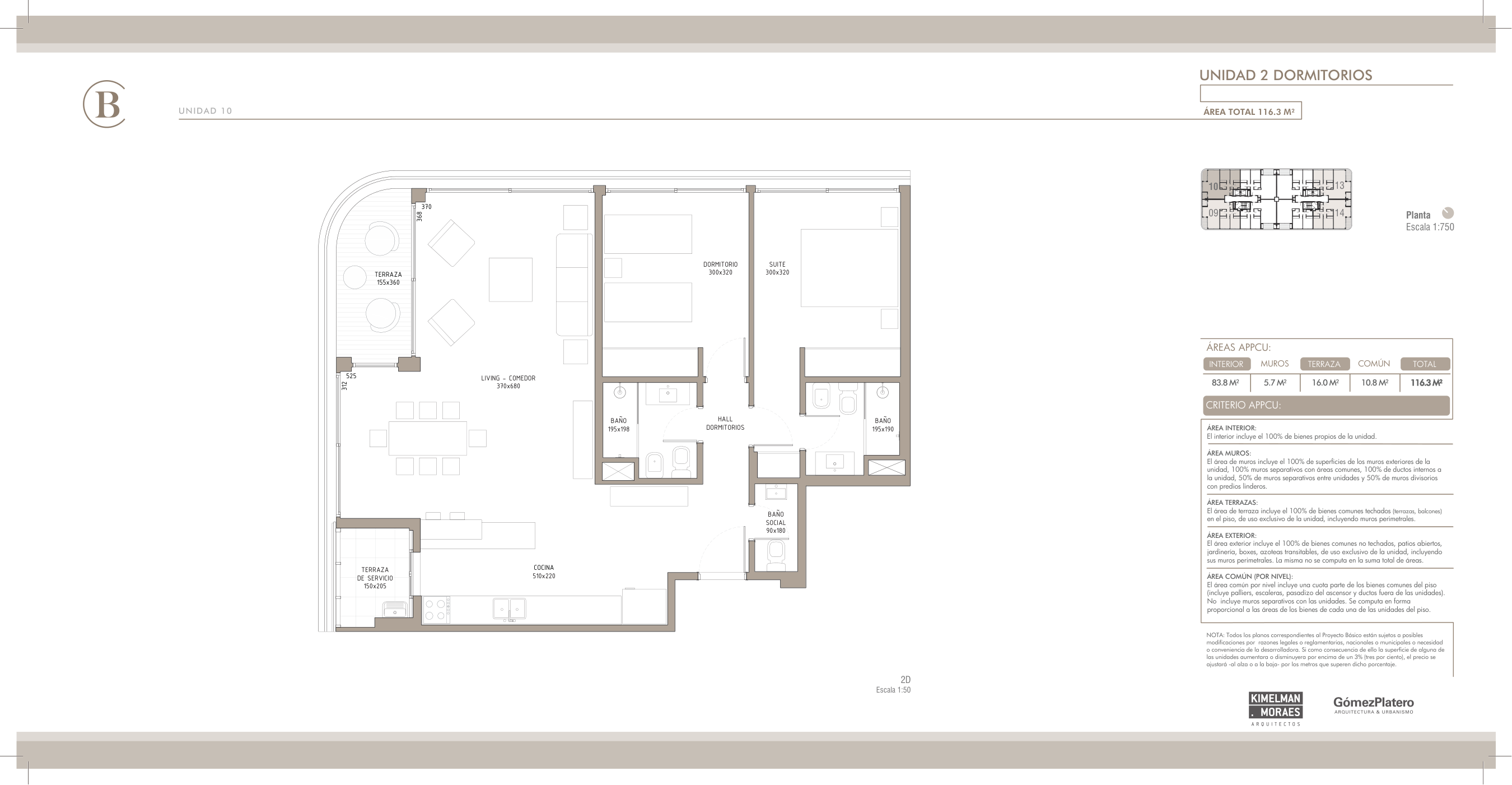 Plano del apartamento de 2 dormitorios esquinero